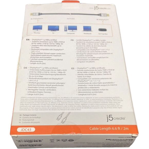 8K DisplayPort Cable j5create 6.6ft JDC43 DP1.4 32.4Gbps HDR Gaming NEW - Picture 4 of 4